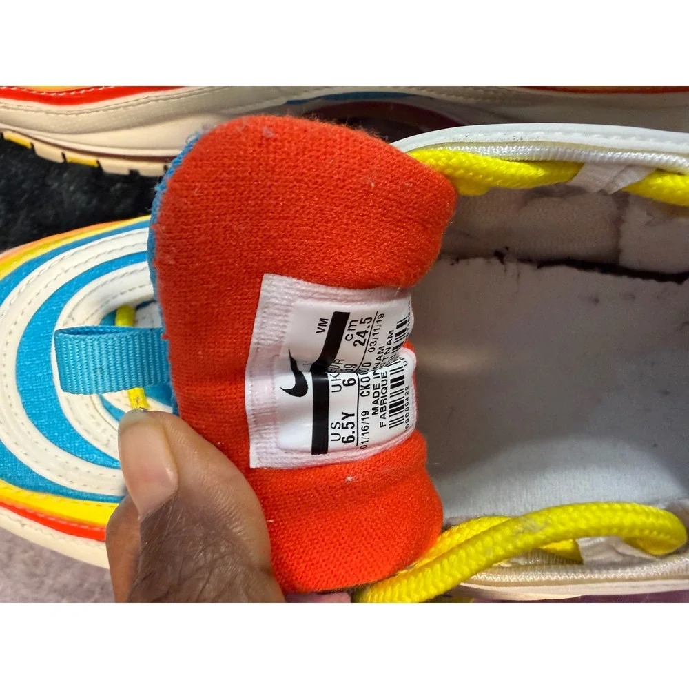 Nike Air Max 97 GS White Blue Yellow Red Sneakers CK0006-100 Kids Size 6.5Y